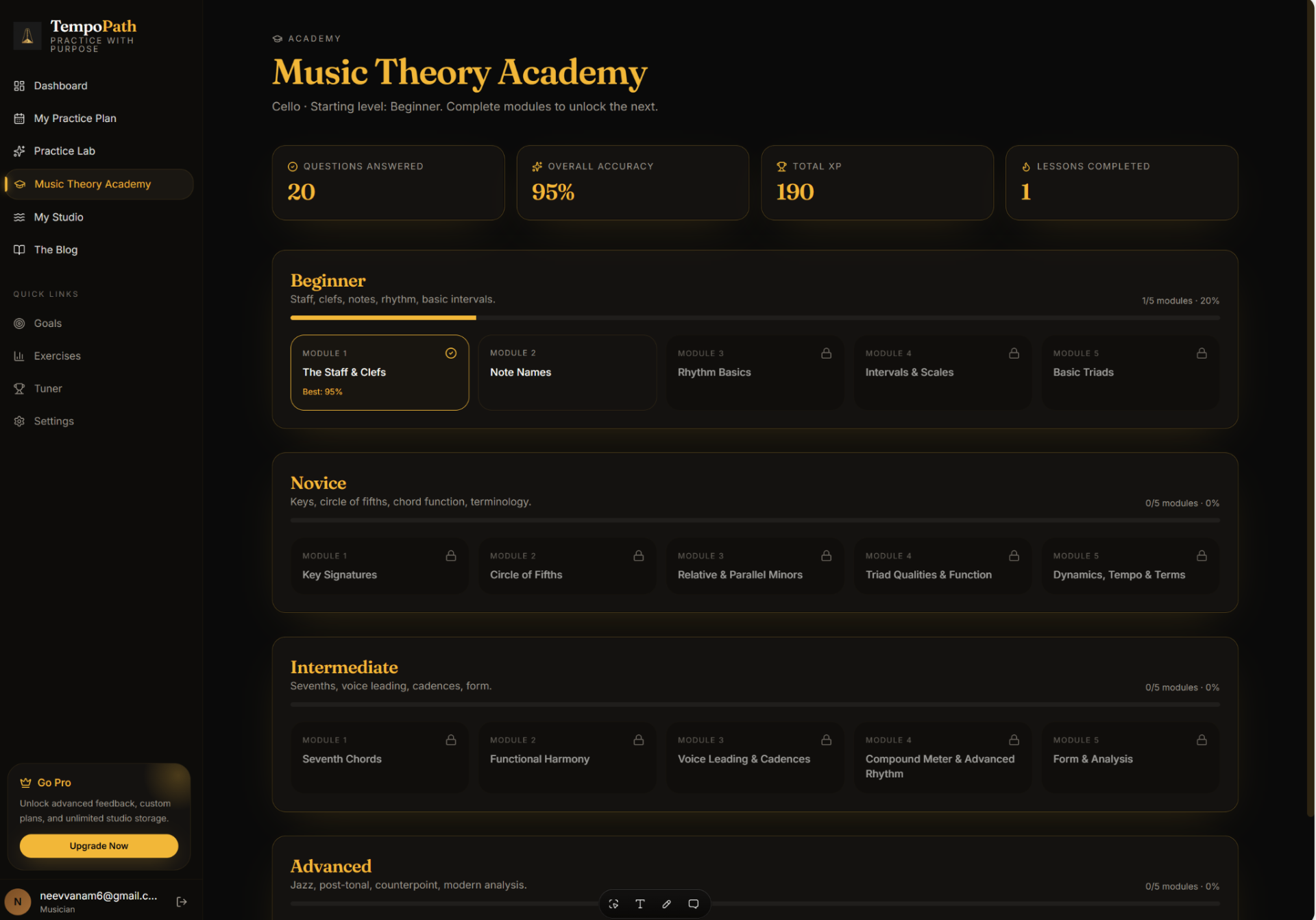 Music Theory Academy dashboard showing four progressive levels with modules
